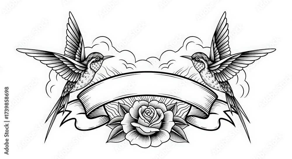 Fototapeta premium Traditional tattoo art of two birds a rose and a banner