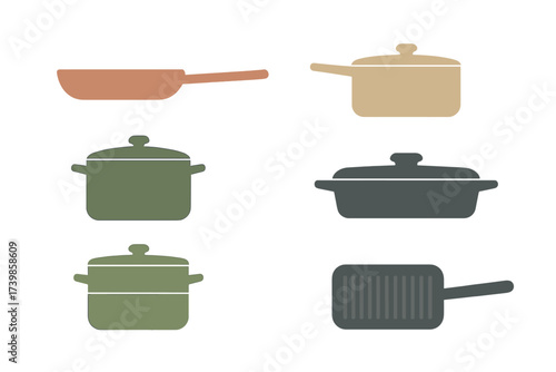 Essential kitchen cookware including frying pans, saucepans, and stockpots