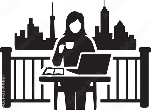 Silhouette of a woman working on a laptop and drinking coffee on a balcony with a city skyline view