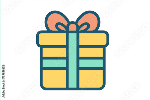 Colorful stylized gift box wrapped with a large decorative bow and ribbon
