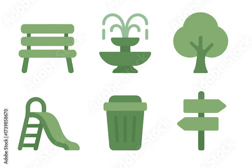 Set of green outdoor park and recreation elements icons including bench fountain tree and slide