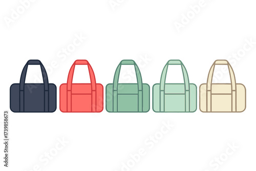 Row of five colorful duffel bags for travel and fitness activities