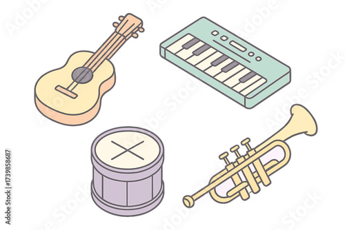 Isometric musical instruments set: ukulele, keyboard, drum, trumpet in pastel colors