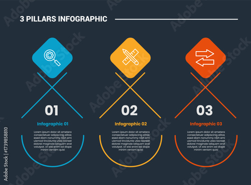 3 pillars infographic process diagram with rhombus top design with round bottom container with dark background bright outline style 3 points