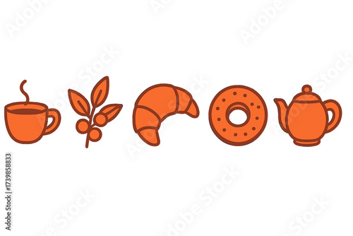 Stylized orange icons for breakfast menu featuring coffee, tea, and baked goods