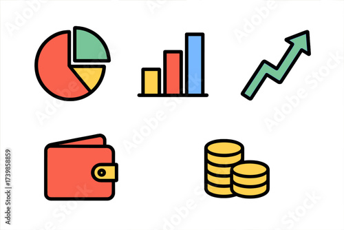 Set of essential business and finance symbols showing charts and monetary growth
