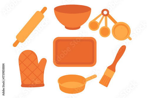 Flat lay arrangement of various kitchen utensils and equipment for baking