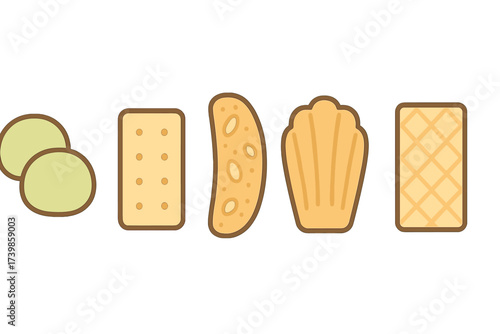 Assorted baked goods arranged in a row including crackers cookies and madeleine