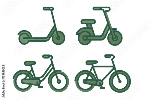 Modern personal mobility devices including electric scooter and various bicycles in green color palette