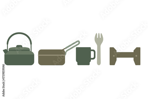 Essential outdoor cooking equipment set including kettle pan mug and eating utensil