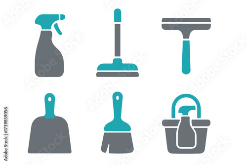 Set of graphic symbols depicting domestic cleaning tools and sanitation equipment