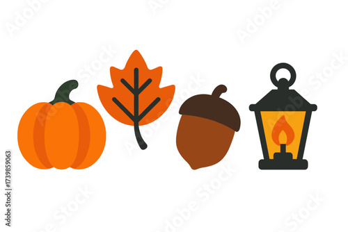 Autumn harvest seasonal elements set with pumpkin maple leaf acorn and lit lantern