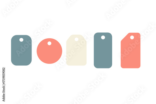 Collection of five blank price tags and labels in various shapes and pastel colors for retail marketing
