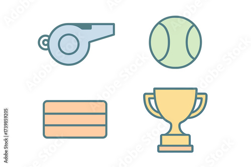 Set of sports elements including a referee whistle, tennis ball, winner trophy, and scoreboard
