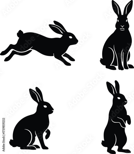 Rabbit silhouette poses, leaping, sitting, standing bunny vector, animal behavior illustration, black shape art, nature character design, wildlife motion