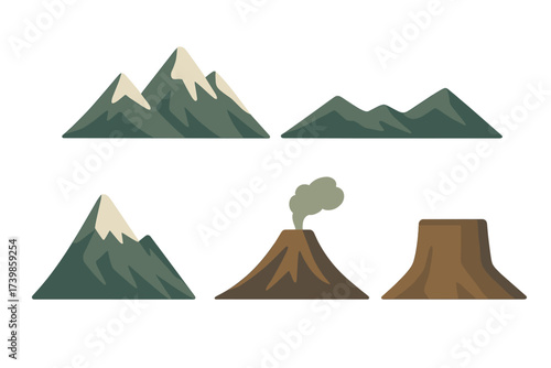 Stylized mountain landscape elements set featuring snow-capped peaks, hills, active volcano, and plateau shape
