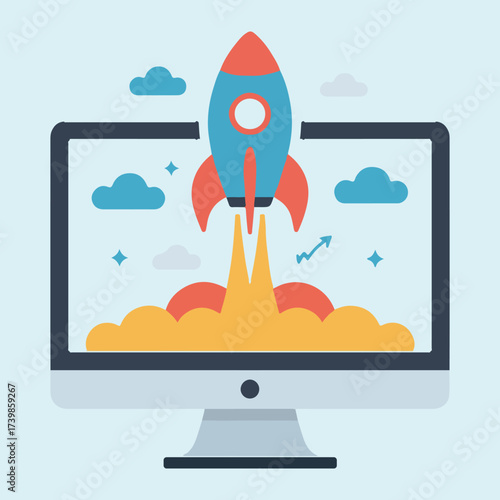 Rocket launching from computer screen symbolizing startup innovation technology business growth and digital success