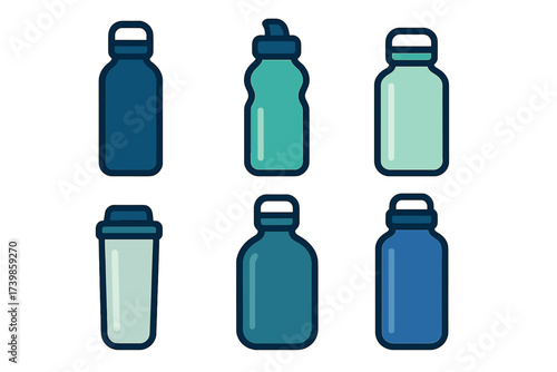 Set of reusable water bottles, sports flasks, and protein shakers for fitness