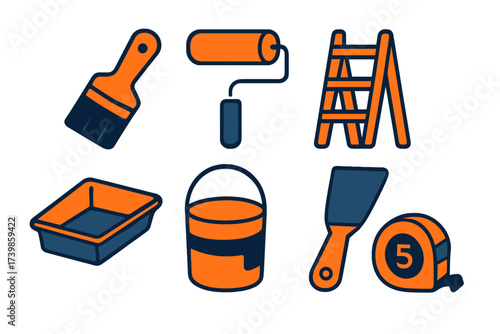 Essential tools for home renovation and painting represented as simple icons