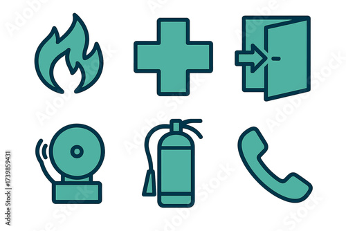 Essential safety and emergency symbols set featuring fire, medical cross, exit, alarm, and phone icons