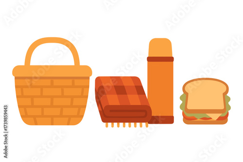 Essential items for an outdoor picnic including woven basket blanket thermos and sandwich