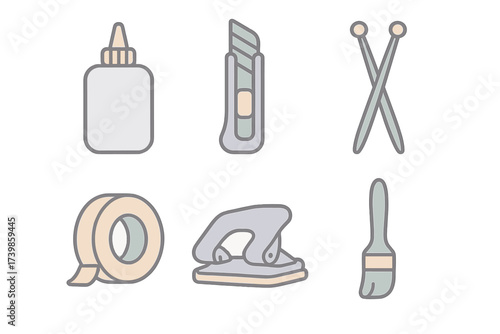 Collection of essential crafting and stationery supplies including glue, tape, and a hole punch