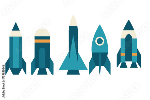 Five stylized space rockets set in various shapes and blue color palette isolated on white