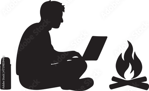 Silhouette of a person working on a laptop next to a campfire and a thermos symbolizing remote work and outdoor lifestyle