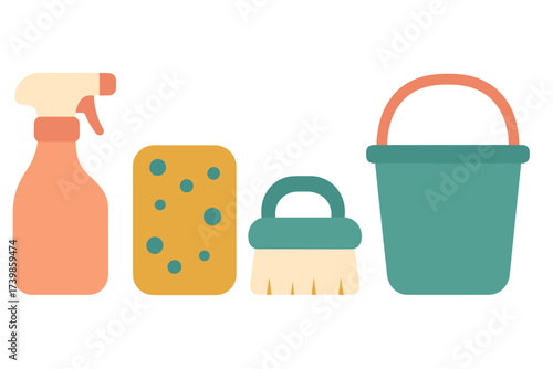Essential household cleaning tools set including spray bottle, sponge, scrubbing brush, and bucket