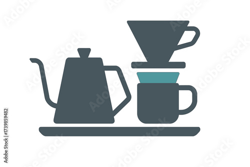 Minimalist design of pour over coffee brewing equipment set including gooseneck kettle and dripper on a tray
