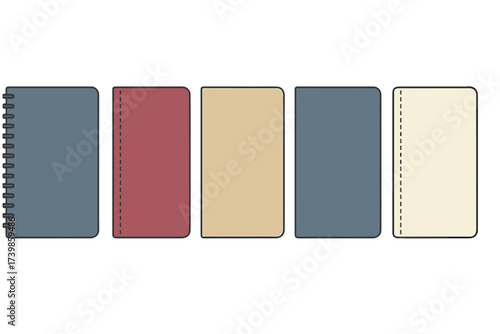 Row of five colorful blank notebooks and journals with various bindings