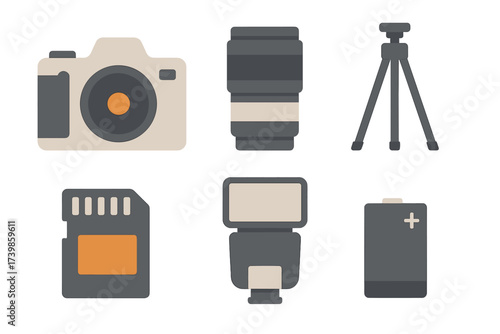 Set of essential photography equipment icons including camera lens tripod and flash