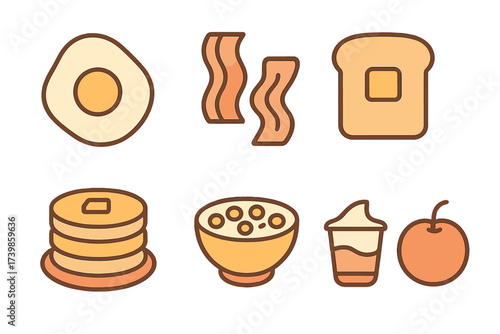 Simple graphic set of essential breakfast items: fried egg, bacon, toast, pancakes, cereal, and fresh fruit