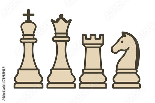 Classic beige and brown outline chess pieces: king, queen, rook, and knight figures