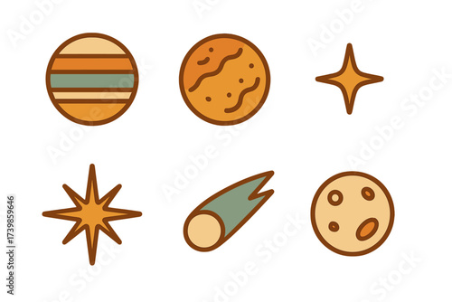 Set of celestial bodies and space elements including planets, moon, stars, and comet in groovy retro style