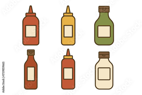 Set of six common food condiment bottles in different colors and shapes