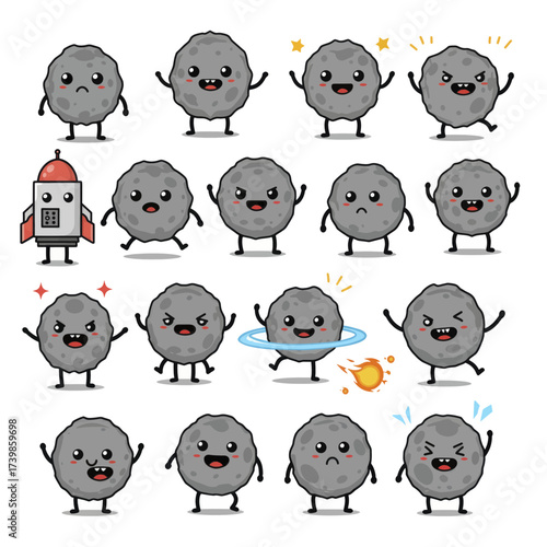 Cute asteroid mascot character set with various expressions.