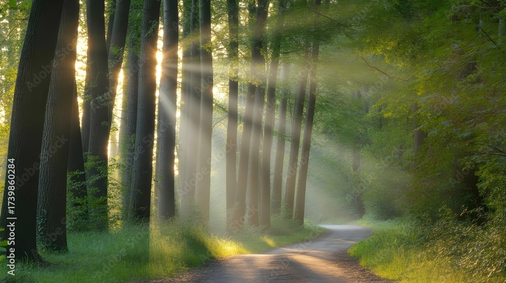 Fototapeta premium A background showing a path in a forest, with sunlight filtering through the trees