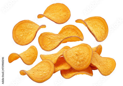 Isolated pile of crispy sweet potato chips snack, ready for eating, fast food close up
