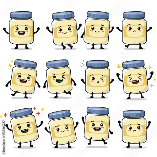 Set of cute mayonnaise jar cartoon characters with various expressions 1.