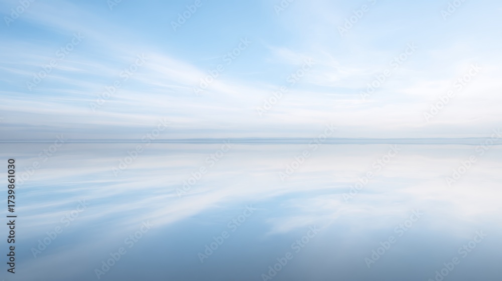 Obraz premium Mirror Symmetry Serene Tranquil Water Texture Solid Light Blue Background Subtle Cloud Reflection - Calm Aquatic Elegance