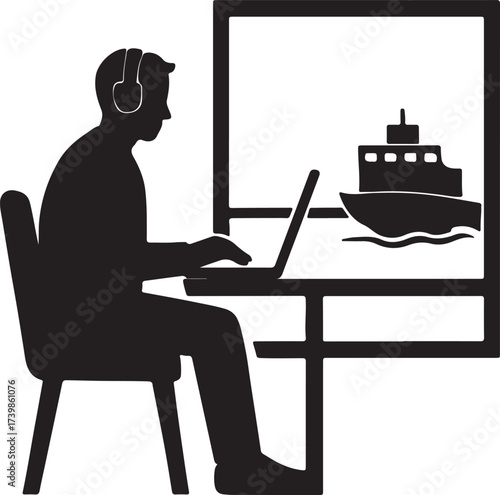 Silhouette of a person wearing headphones and working on a laptop with a ship sailing on a screen in the background