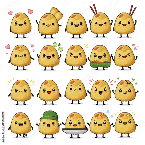 Cute fried snack character mascot collection with many expressions.