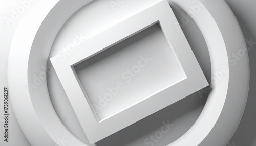 White rectangular frame in a circular frame geometric design, 3D rendered illustration, empty, blank for advertisement and marketing