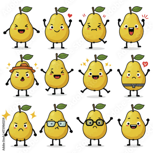 Set of cute pear fruit cartoon characters with various expressions.