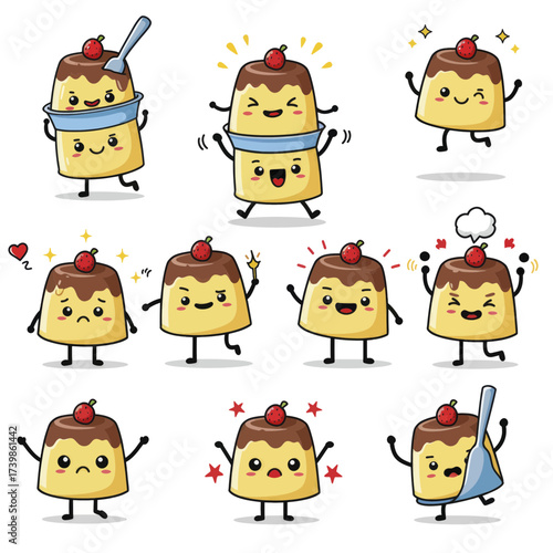 Collection of cute pudding mascot characters with various expressions and poses.