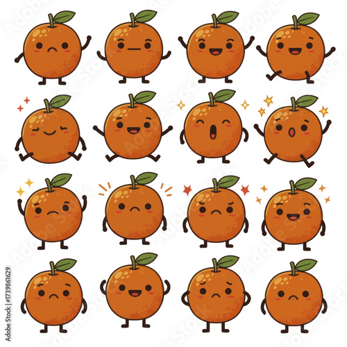 Set of cute kawaii orange fruit character mascots with various expressions.