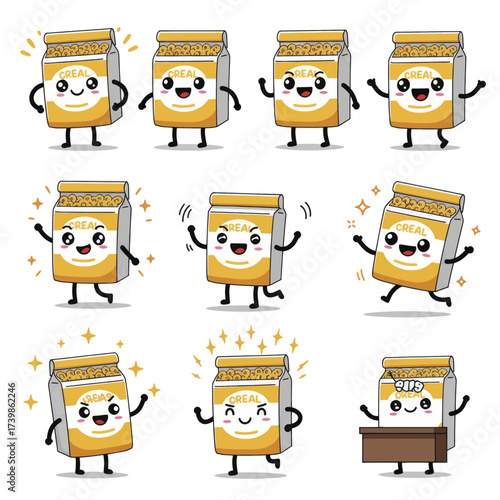 Cute Cereal Box Cartoon Character Mascot Set Illustration.