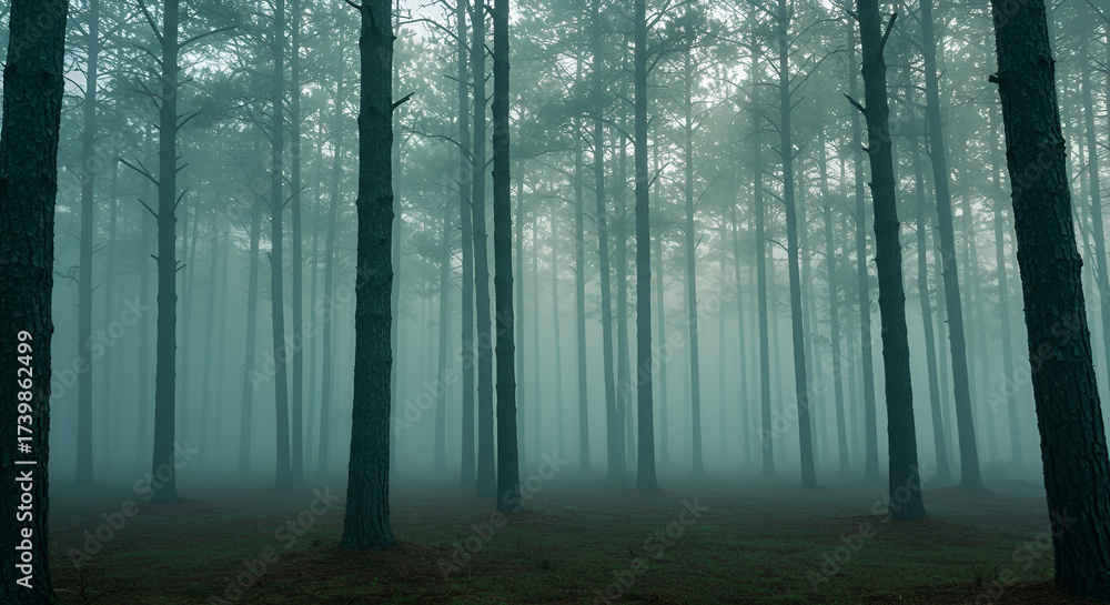 Fototapeta premium Misty Forest with Tall Trees in Calm Natural Setting