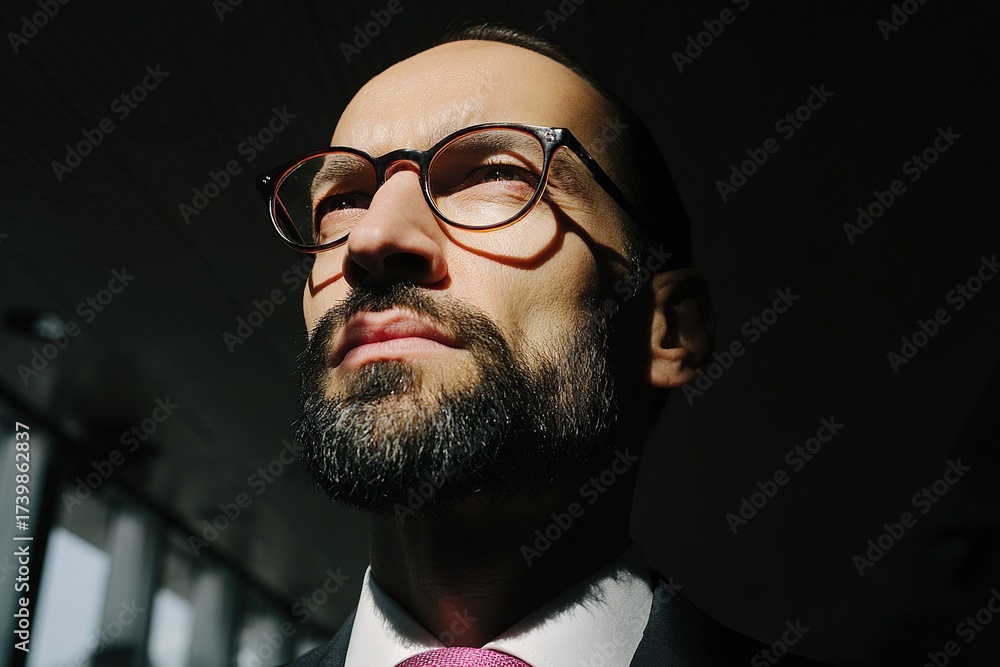 Obraz premium Man in formal attire with glasses staring thoughtfully in a darkened environment during a daytime setting